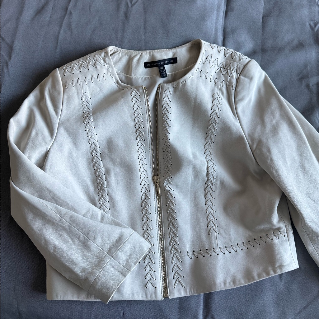 White House Black Market Leather Cream Blazer With Stitch Detail